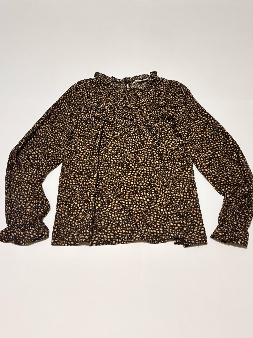Love Riche Brown Blouse with Tan Ditsy Print and Ruffle Neck